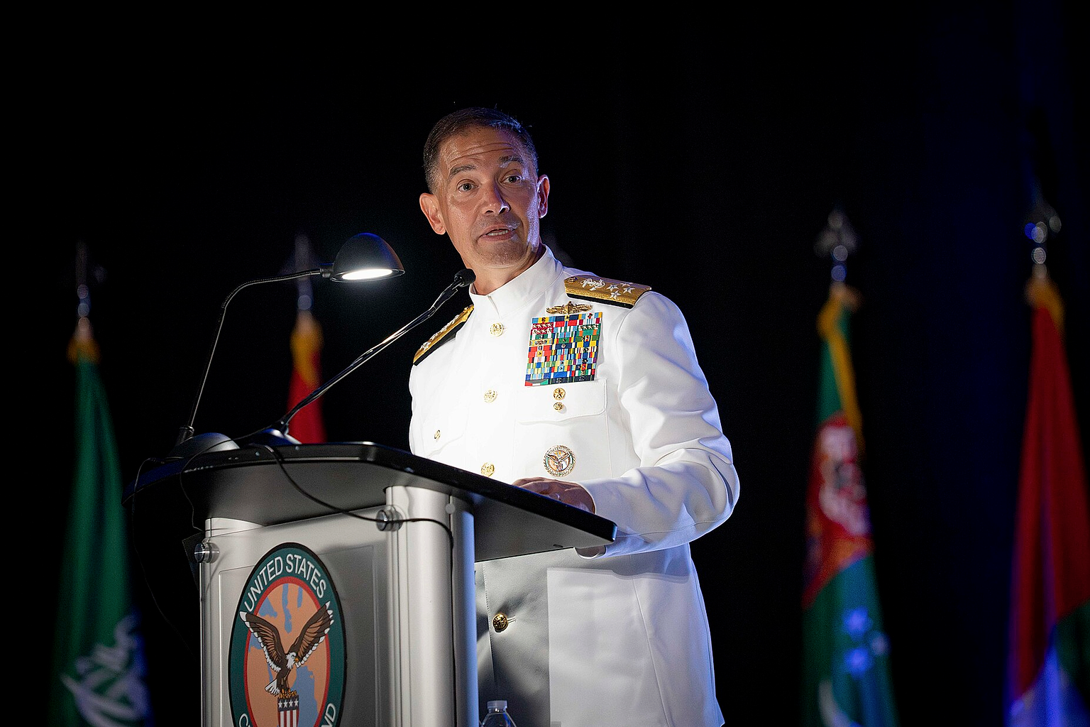 Chairman of the Joint Chiefs of Staff Gen. Dan Caine participates in a Change of Command ceremony for the U.S. Central Command, welcoming Adm. Brad Cooper as the new commander, Tampa, Florida, August 8, 2025. (DOD photo by Benjamin Applebaum)