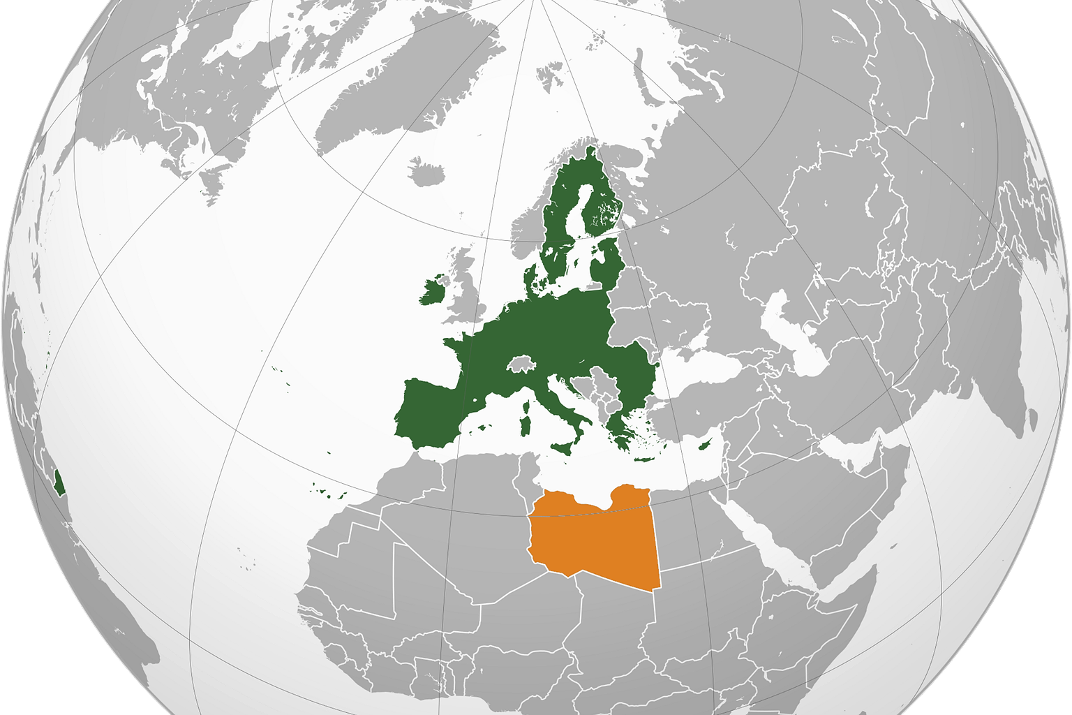 Locator map of the European Union member states (green) in relation to the country of Libya (orange)