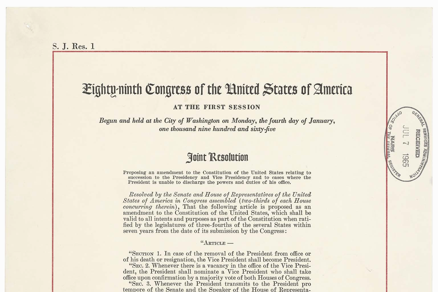 Joint Resolution Proposing the Twenty-fifth Amendment to the United States Constitution , page 1