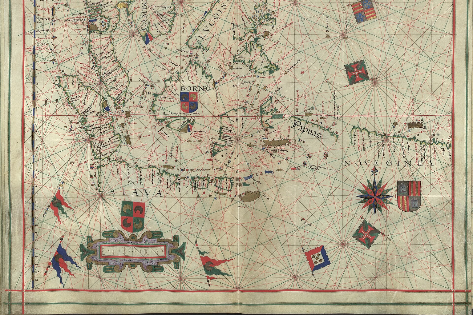 Map of Southeast Asia 1576 by Fernão Vaz Dourado. The place names on the map are written in Latin. These are the biggest place names: Siam (Thailand), Camboia (Cambodia), Borneo, Lucois (Philipines), Aiava (Java), Papuas (Papua), Nova-Ginea (New Guinea).