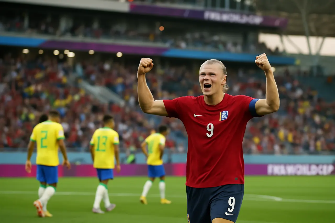 Editorial image for Erling Haaland Leads Norway to Historic World Cup Quarter-Finals with Win Over Brazil