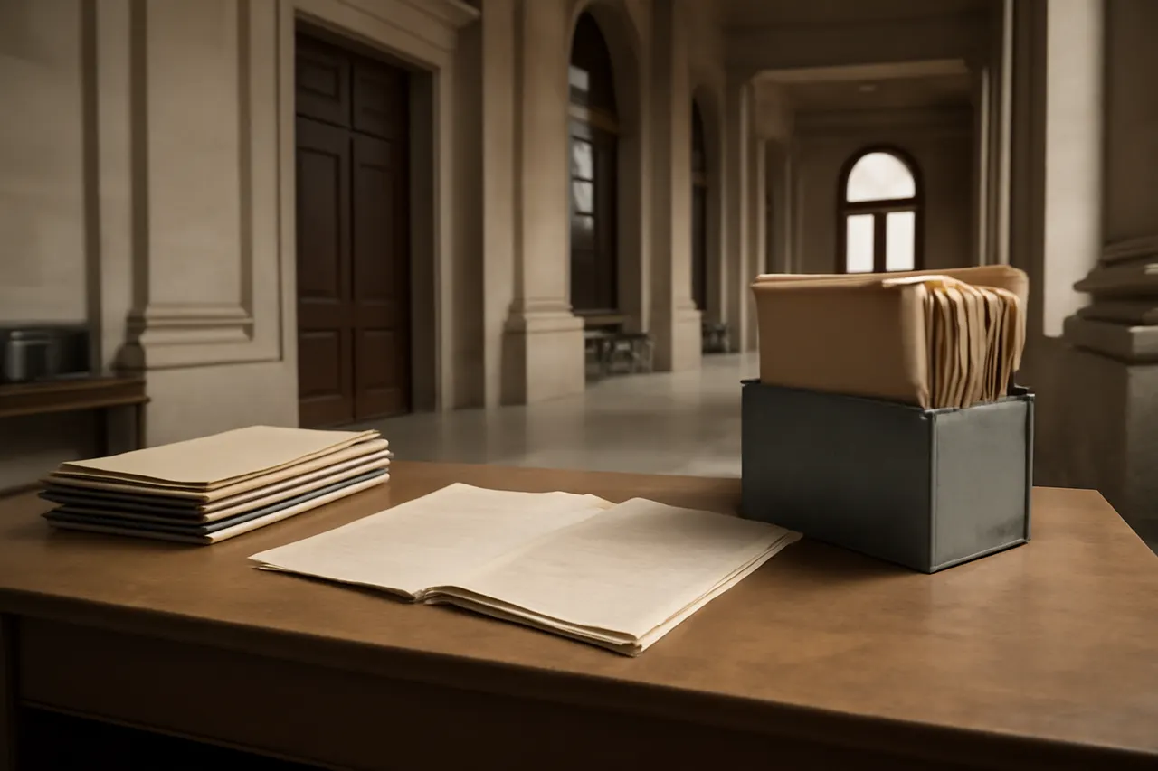 Quiet courthouse or legal-work setting with documents and civic architecture.
