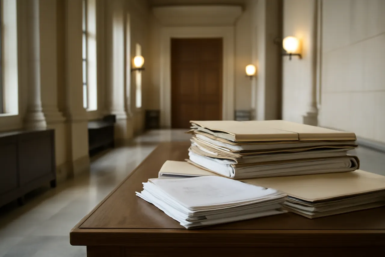Quiet courthouse or legal-work setting with documents and civic architecture.