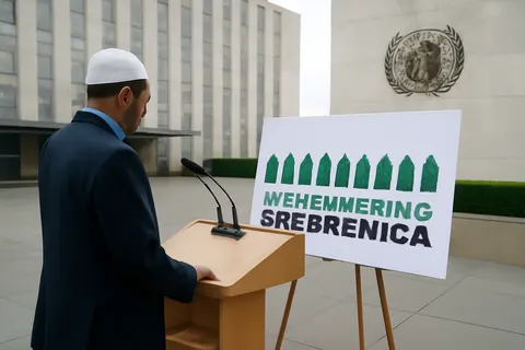 Grounded editorial scene illustrating The United Nations commemorated the 1995 massacre of over 8,000 Bosnian Muslim men and boys in Srebrenica, emphasizing the enduring lessons on genocide prevention and human dignity.