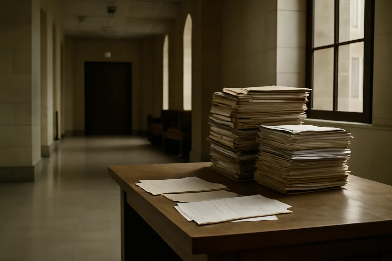 Quiet courthouse or legal-work setting with documents and civic architecture.