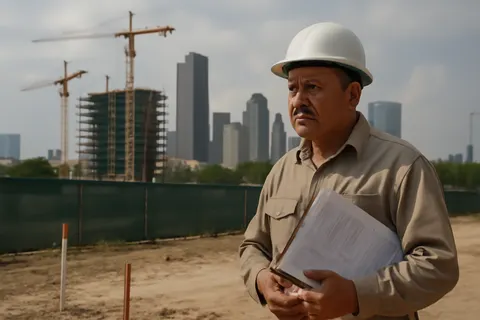 Grounded editorial scene illustrating Lorenzo Salgado Araujo, a longtime construction worker and father of three, was shot by Immigration and Customs Enforcement agents during a traffic stop attempt in Houston.