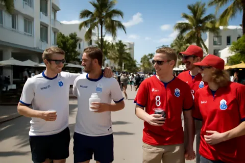 Grounded editorial scene illustrating As England and Norway prepare to face off in the World Cup quarter-final, fans from both nations are enjoying Miami’s vibrant atmosphere, blending football passion with spring break festivities.