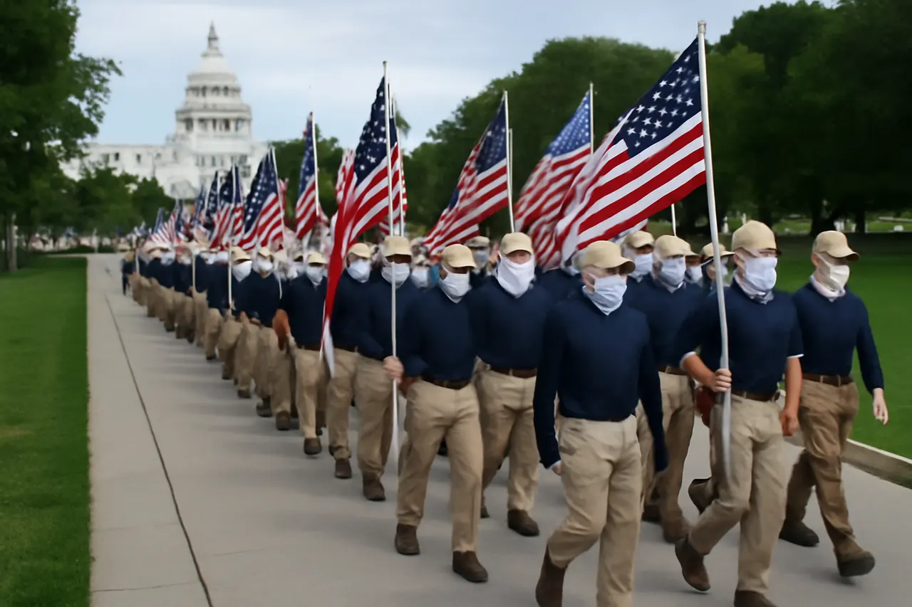Grounded editorial scene illustrating The white nationalist group Patriot Front held a large march in the nation’s capital, raising questions about their identity and funding.