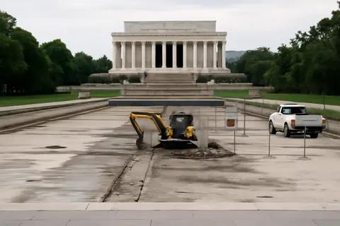 Grounded editorial scene illustrating The Trump administration has initiated another round of repairs on the Lincoln Memorial Reflecting Pool following damage and debris from recent events.