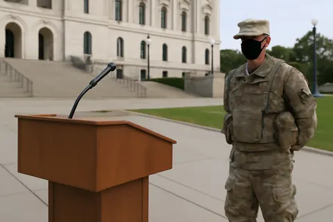 Grounded editorial scene illustrating Amid increasing criticism of Democratic governors deploying National Guard troops to the capital during President Trump's ongoing presence, Minnesota Gov. Tim Walz has decided to pull his troops back ahead of schedule.