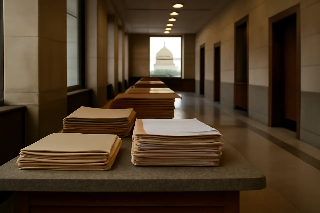Quiet courthouse or legal-work setting with documents and civic architecture.