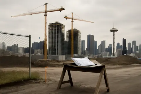Grounded editorial scene illustrating Seattle presented cleaner streets during the World Cup, but a commentator argues the city only shifted its drug crisis out of sight without solving it.