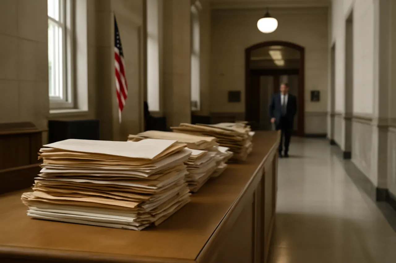 Quiet courthouse or legal-work setting with documents and civic architecture.