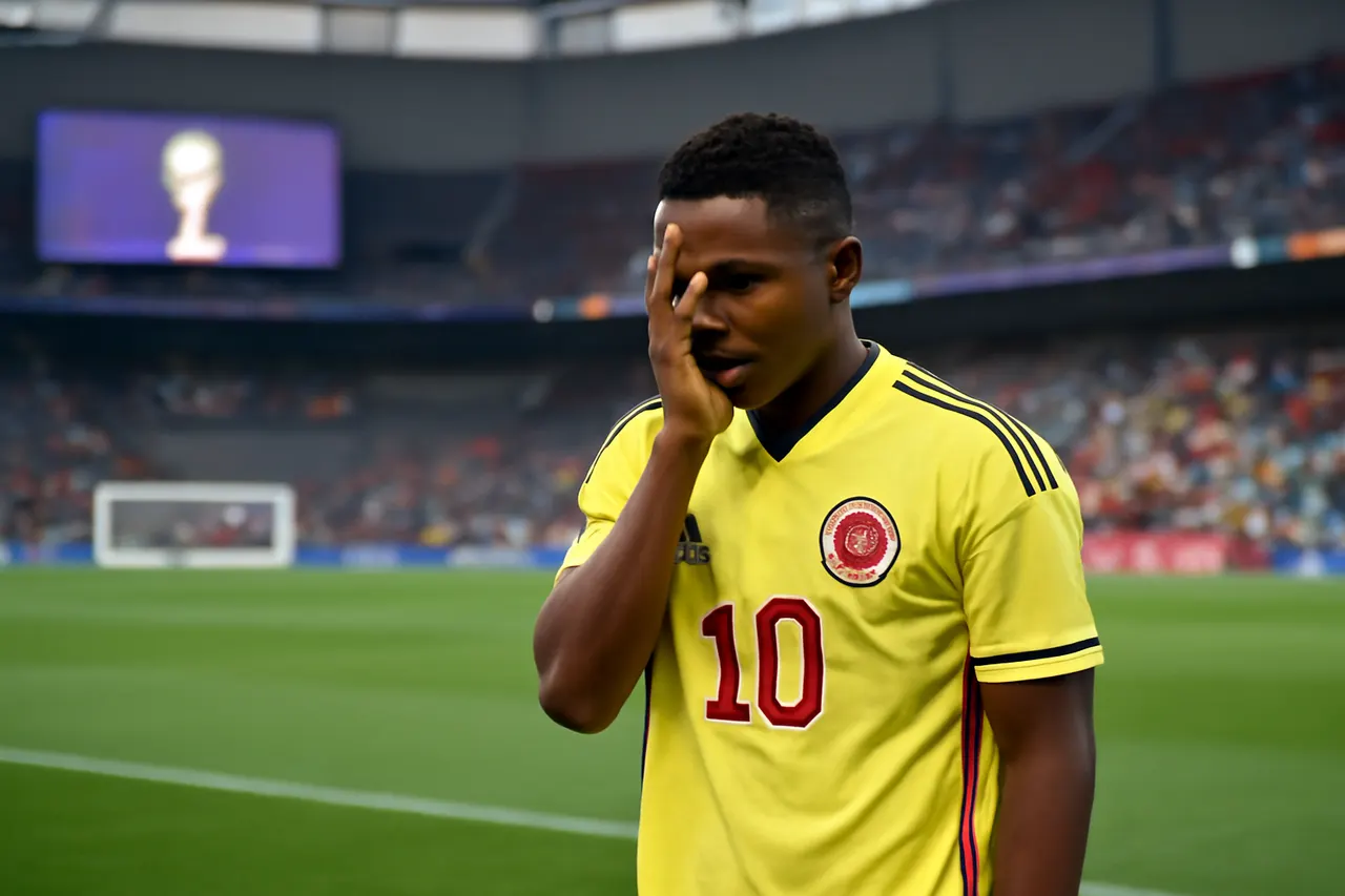 Grounded editorial scene illustrating Following Colombia's World Cup exit, the federation condemns threats against midfielder Jaminton Campaz and urges authorities to act, recalling the 1994 tragedy of Andres Escobar.