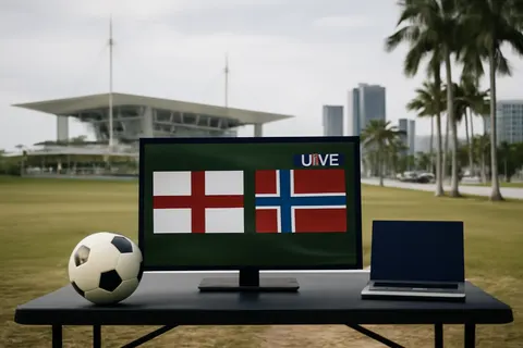 Grounded editorial scene illustrating Live updates cover the quarterfinal match between England and Norway at the 2026 FIFA World Cup held in Miami.