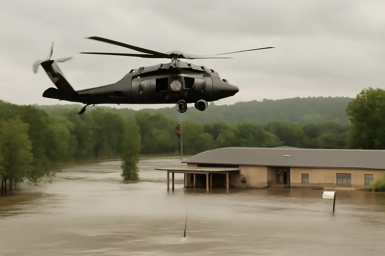 Grounded editorial scene illustrating Heavy rains and flooding in southeastern Missouri prompted large-scale rescues, including more than 200 children and staff airlifted from a summer camp.