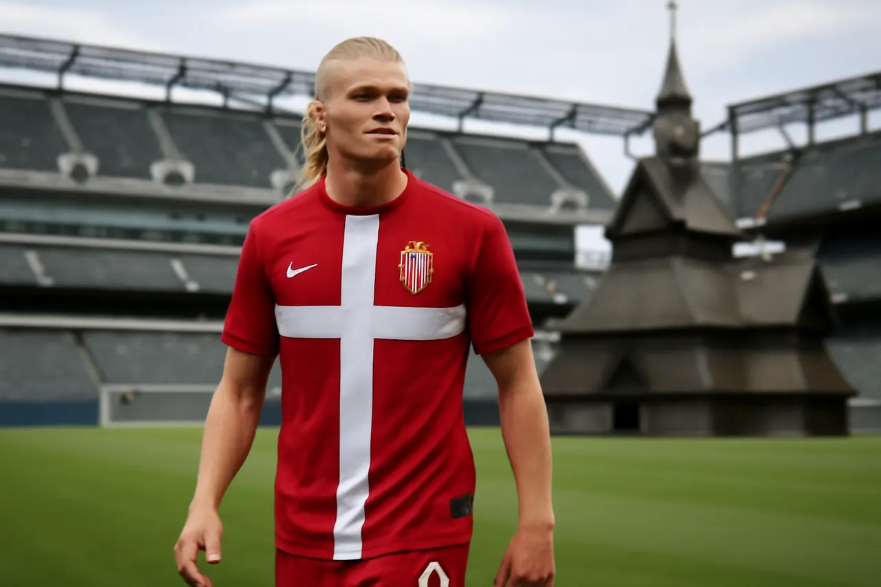 Grounded editorial scene illustrating The Norwegian national soccer team's 2026 World Cup kit features the Nordic Cross and motifs inspired by the 12th-century Urnes Stave Church, reflecting the nation's Christian roots.