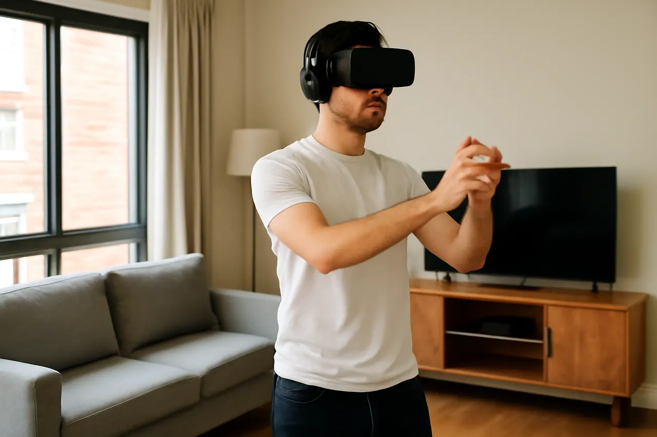 Grounded editorial scene illustrating Apps like Dance Guru and Trip the Light use VR technology to help shy dancers learn partner dancing comfortably.