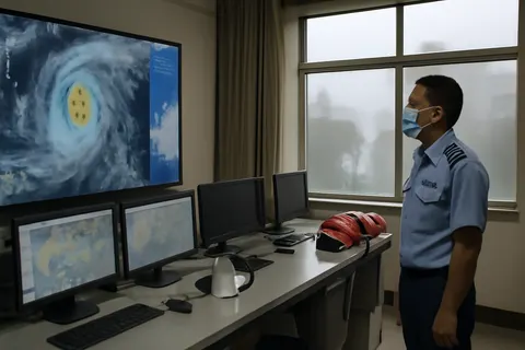 Grounded editorial scene illustrating Typhoon Bavi made landfall in Zhejiang province, China, prompting massive evacuations and flight cancellations across the region, while causing fatalities in the Philippines due to intensified monsoon rains.
