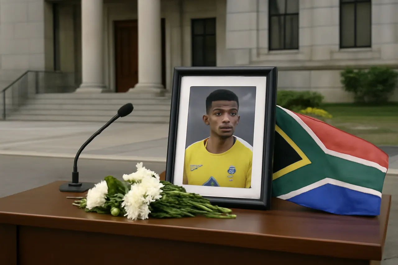 Grounded editorial scene illustrating Jayden Adams, who played three matches for South Africa at the recent World Cup and helped Mamelodi Sundowns win the CAF Champions League, has died aged 25.