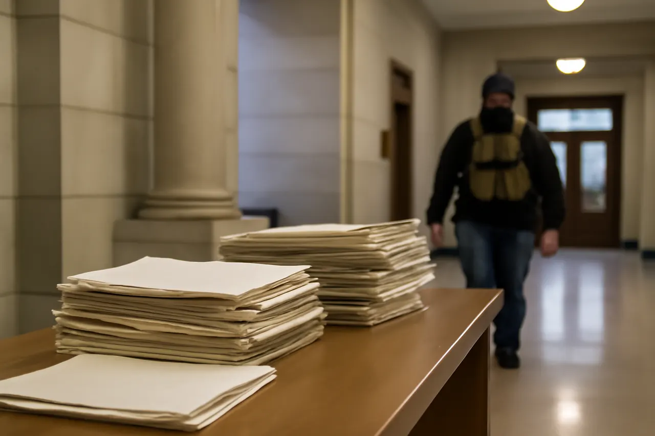 Quiet courthouse or legal-work setting with documents and civic architecture.