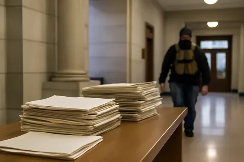 Quiet courthouse or legal-work setting with documents and civic architecture.