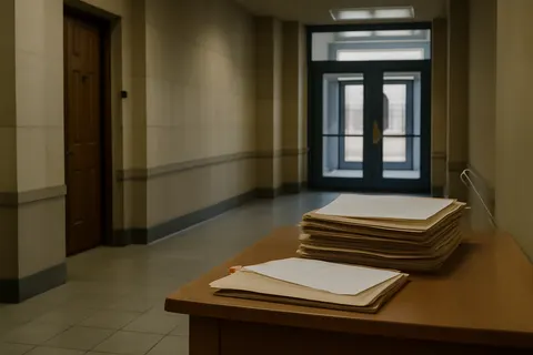 Quiet courthouse or legal-work setting with documents and civic architecture.