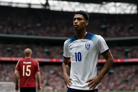 Grounded editorial scene illustrating England edged Norway in a dramatic 2026 FIFA World Cup quarterfinal, with Jude Bellingham scoring twice including the extra-time winner.