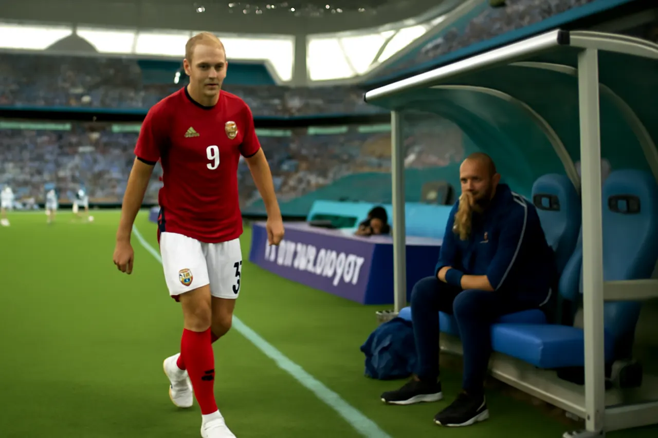 Grounded editorial scene illustrating Norway’s surprising substitution of star striker Erling Haaland during extra time in their 2-1 World Cup quarterfinal defeat to England drew widespread criticism online.