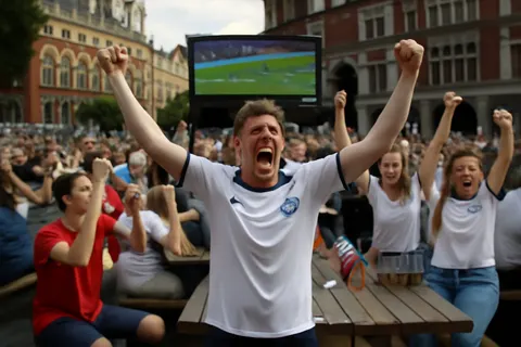 Grounded editorial scene illustrating England secured a thrilling 2-1 win against Norway in extra time during the World Cup quarter-finals, sparking celebrations among fans at a London watch party.