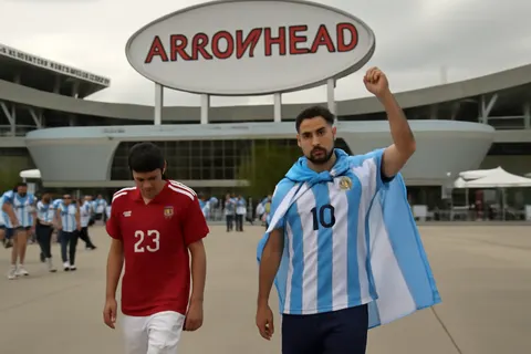 Grounded editorial scene illustrating Argentina secured a hard-fought 3-1 extra-time victory against Switzerland at Arrowhead Stadium, advancing to the 2026 World Cup semi-finals unbeaten in 12 matches.