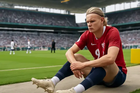 Grounded editorial scene illustrating Norway’s surprising decision to sub off star striker Erling Haaland late in extra time during their 2026 World Cup quarterfinal defeat to England sparked widespread social media backlash.