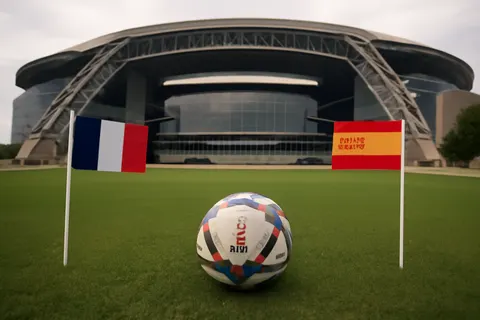 Grounded editorial scene illustrating European football giants France and Spain face off in the highly anticipated FIFA World Cup 2026 semifinal at Dallas Stadium, featuring stars Kylian Mbappe and Lamine Yamal.
