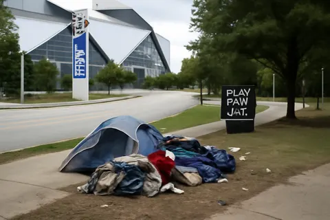 Grounded editorial scene illustrating City officials say routine park maintenance led to disposal of unhoused people's tents and belongings, sparking criticism amid concerns over treatment of homeless during World Cup events.