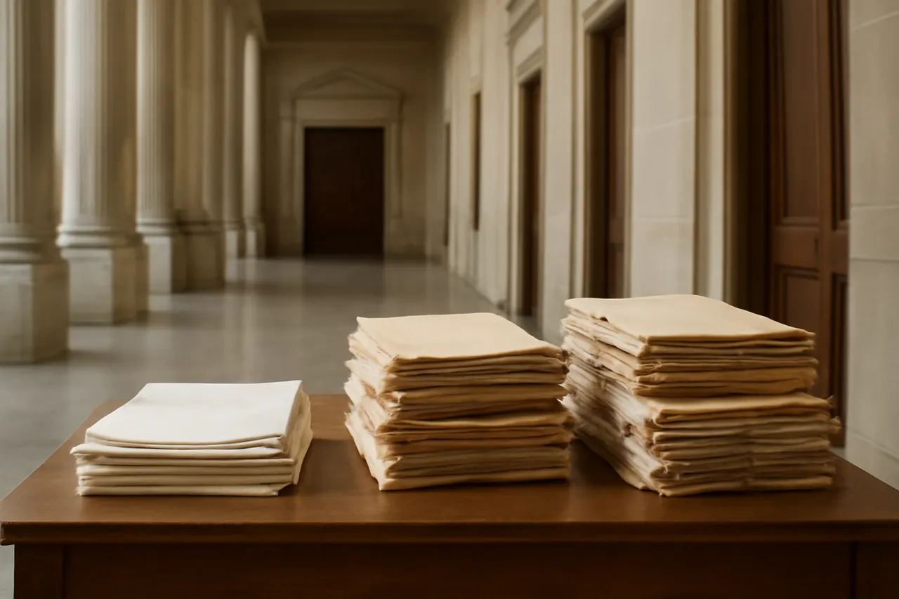 Quiet courthouse or legal-work setting with documents and civic architecture.