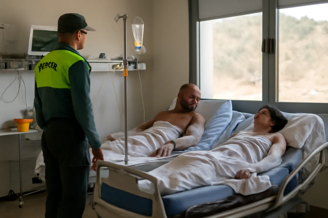 Grounded editorial scene illustrating A British couple found semi-conscious with extensive burns were rescued from a ravine amid deadly wildfires in Spain's Almeria province, where the fire claimed 12 lives and forced thousands to evacuate.