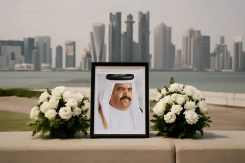 Grounded editorial scene illustrating Sheikh Hamad bin Khalifa Al Thani, credited with transforming the Arab world, passed away at age 74.