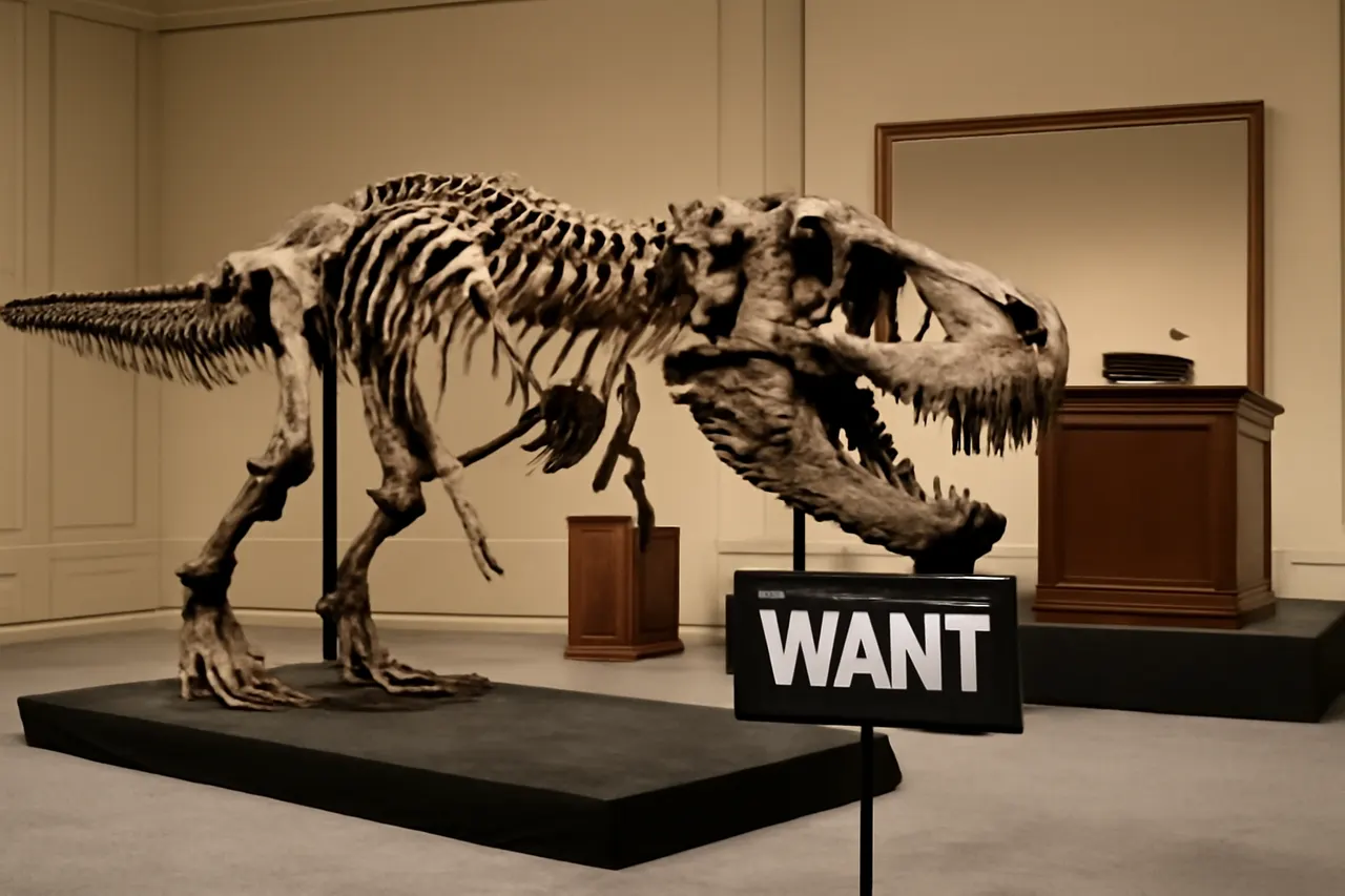Grounded editorial scene illustrating The fossil known as 'Gus' will be offered for sale on Tuesday, continuing the trend of dinosaur bones being sold to private collectors.