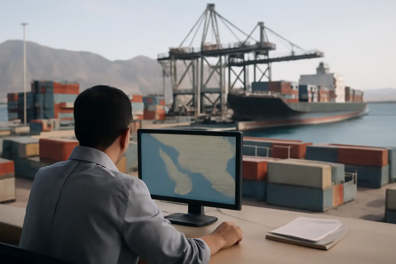 Industrial port worker overlooking bulk-material handling equipment and a cargo vessel.