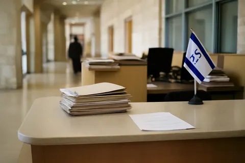 Quiet courthouse or legal-work setting with documents and civic architecture.