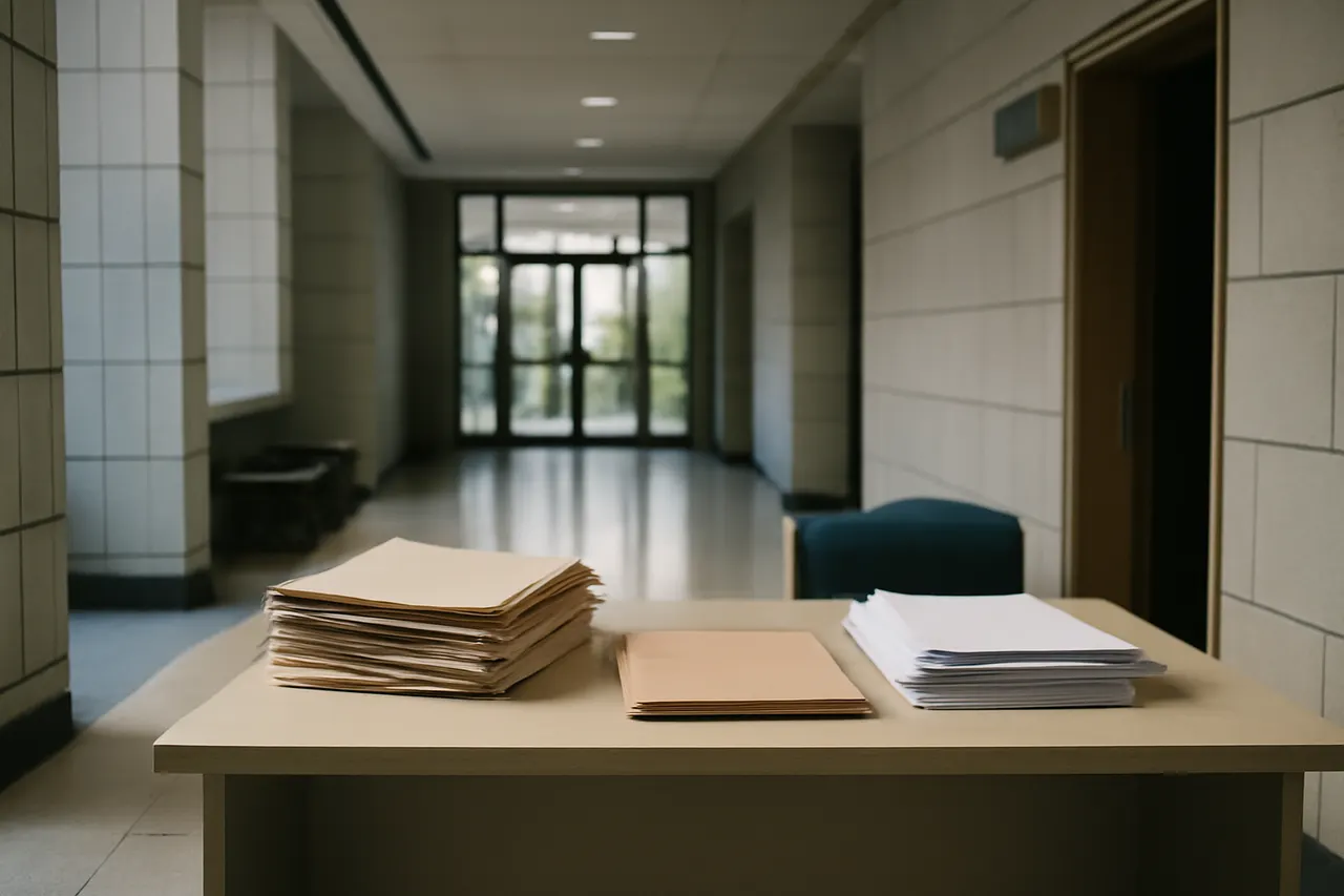 Quiet courthouse or legal-work setting with documents and civic architecture.