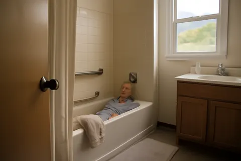 Grounded editorial scene illustrating Joan Rivet endured nine days trapped in her bathtub by using her foot to turn on the faucet and drink water, highlighting risks faced by older Americans who experience falls.