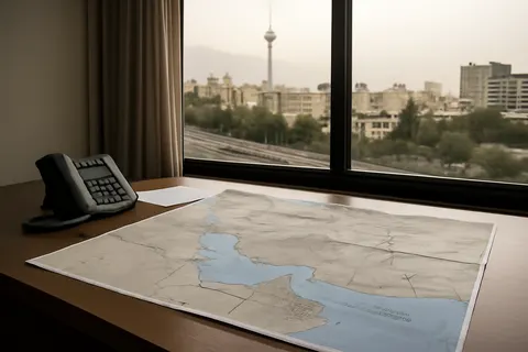 Grounded editorial scene illustrating Iranian Foreign Ministry spokesperson Esmaeil Baghaei cites increased attacks and US pressure on Oman as key factors in the breakdown of talks focused on the Strait of Hormuz.