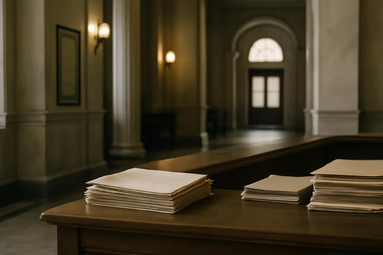Quiet courthouse or legal-work setting with documents and civic architecture.