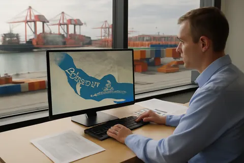 Industrial port worker overlooking bulk-material handling equipment and a cargo vessel.