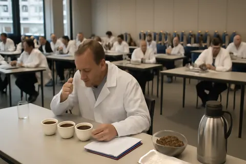 Grounded editorial scene illustrating Over 250 chefs and sommeliers awarded Superior Taste Awards to 19 coffees, including Lavazza and Café San Alberto, recognizing them for exceptional flavor and quality.