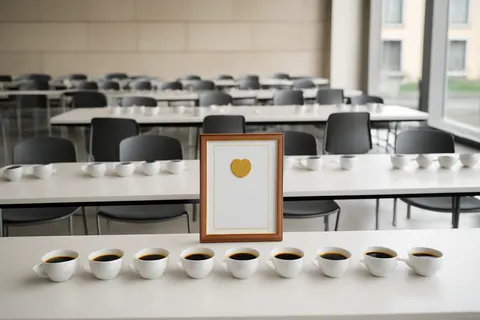 Grounded editorial scene illustrating Over 250 chefs and sommeliers awarded Superior Taste Awards to nineteen coffees, including Lavazza and Café San Alberto, recognizing them for exceptional flavor and quality.