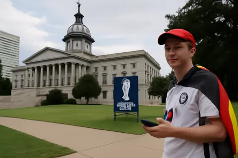 Grounded editorial scene illustrating After being doxxed on Reddit and bullied off X, Freddy the German soccer fan resumes sharing his American journey during the FIFA World Cup 2026.
