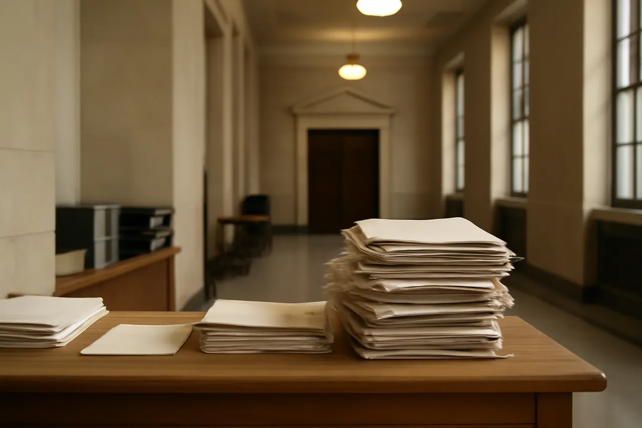 Quiet courthouse or legal-work setting with documents and civic architecture.