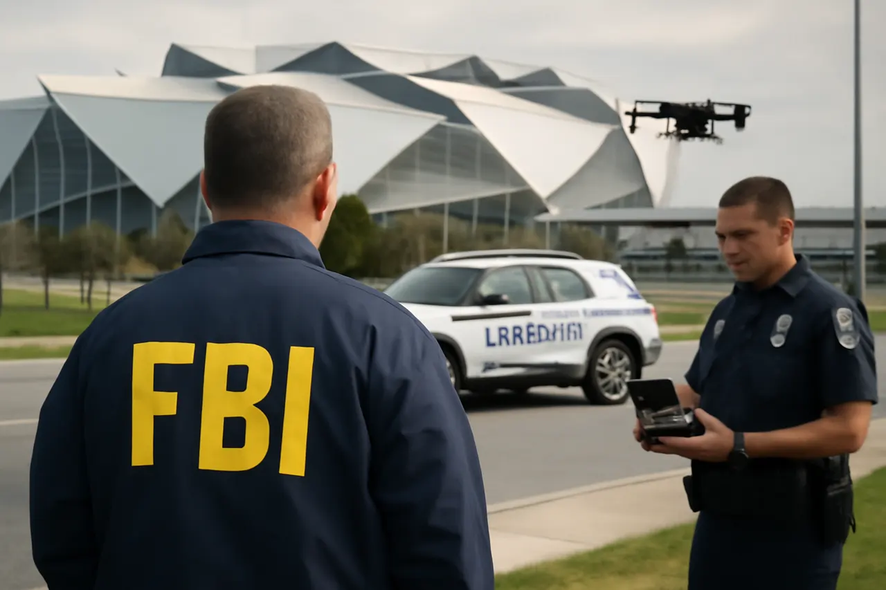 Grounded editorial scene illustrating Ahead of the World Cup semifinals at Atlanta Stadium, federal and local authorities intensify efforts to detect and confiscate unauthorized drones to ensure public safety.